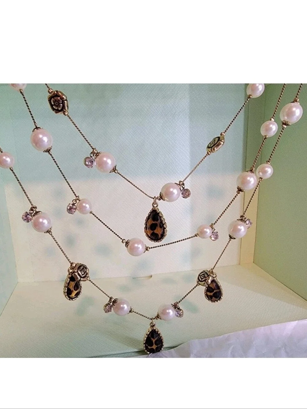 Betsey Johnson Pearl Jewel Rose Charm Multi Strand Necklace